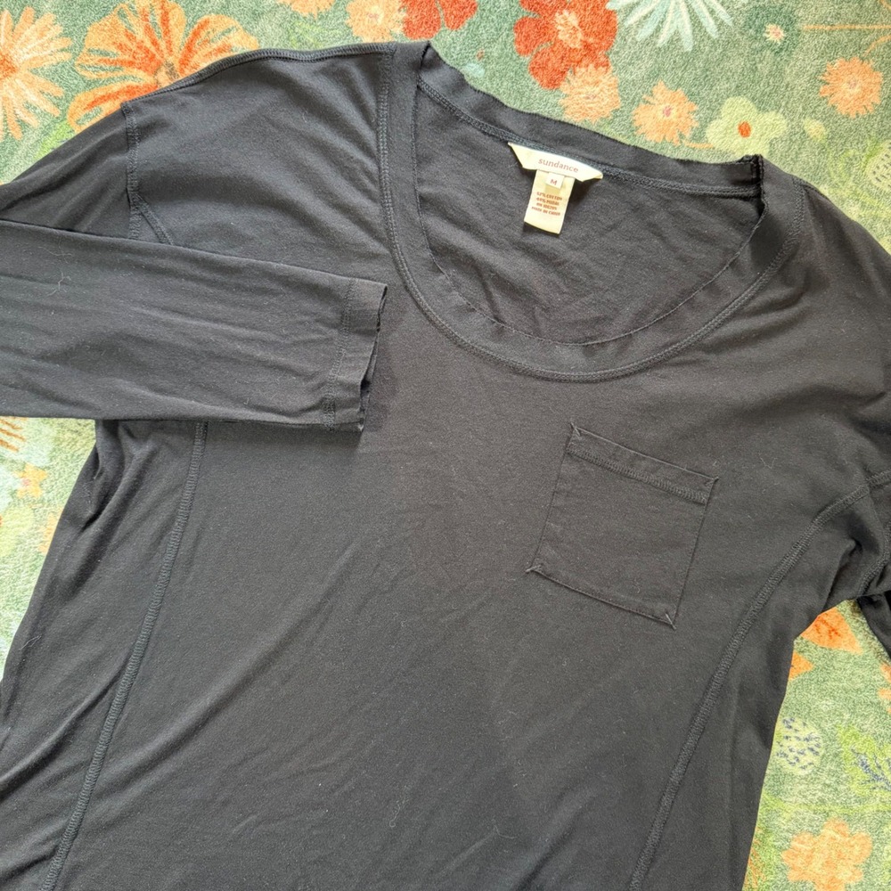 Sundance Black Long Sleeve Pocket Tee Cotton Modal Lettuce Hem Top Womens Medium
